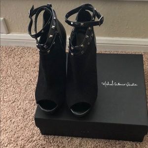 Black suede platform peep toe heels